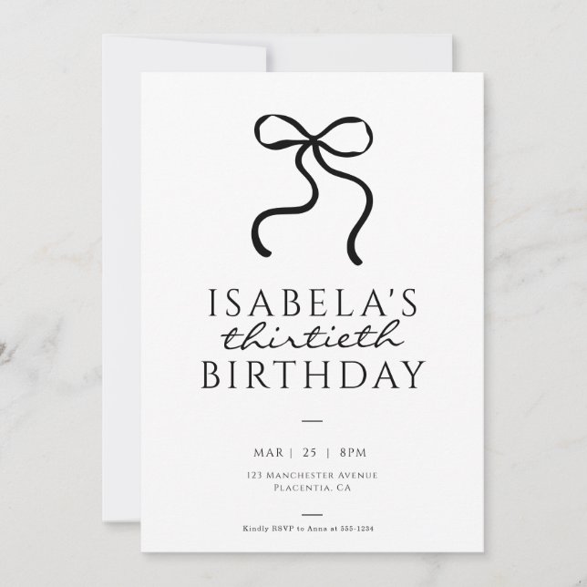 Elegant Black Coquette Bow Birthday Party Invitation (Front)
