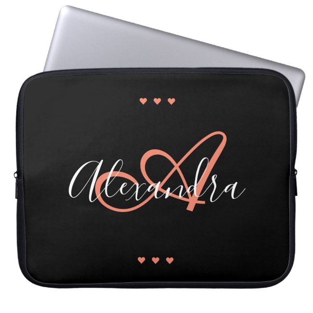 Elegant Black Coral Hearts Script Name Monogram Laptop Sleeve (Front)