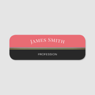 Elegant Black Coral Rose Pink: Gold Silver Striped Name Tag