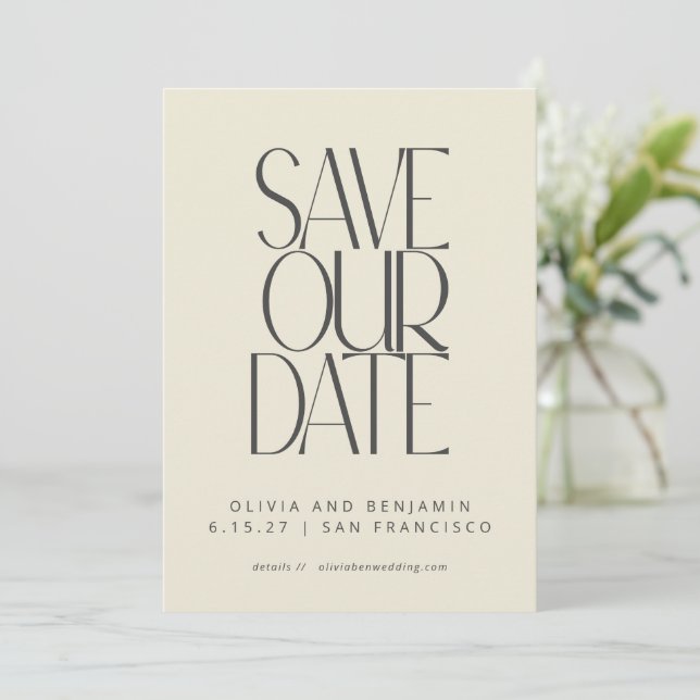Elegant Black Cream Mid Century Modern Typography Save The Date (Standing Front)