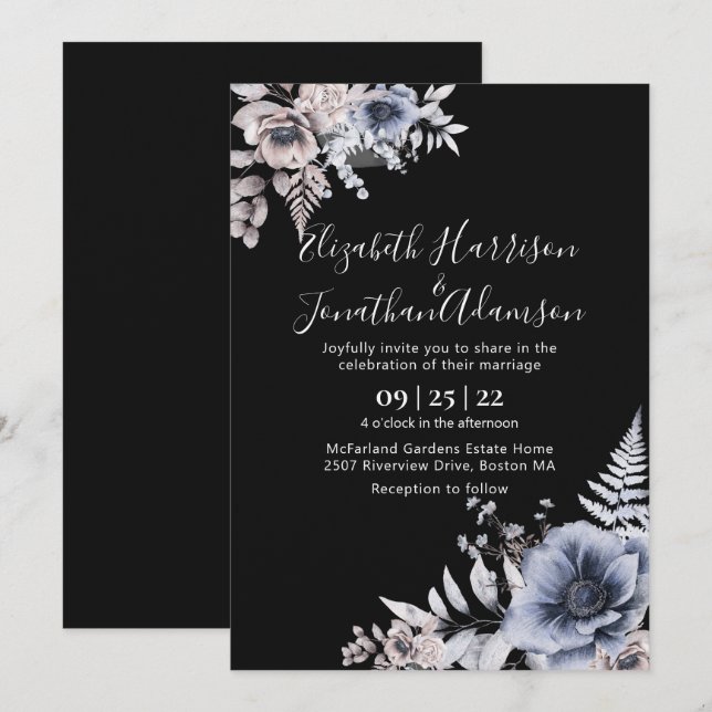 Elegant Black Cream Watercolor Floral Wedding Invitation (Front/Back)