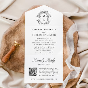 Elegant Black Crest Chinoiserie Monogram Wedding All In One Invitation