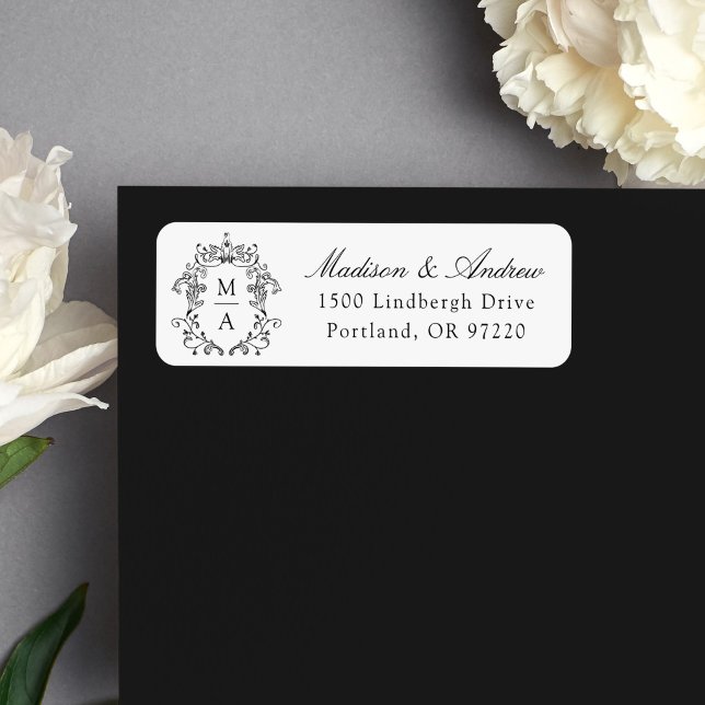 Elegant Black Crest Monogram Wedding Address (Creator Uploaded)