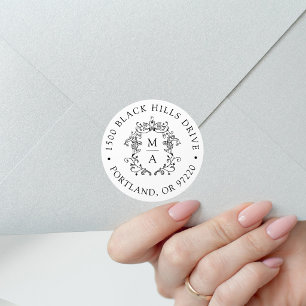 Elegant Black Crest Wedding Return Address Classic Round Sticker