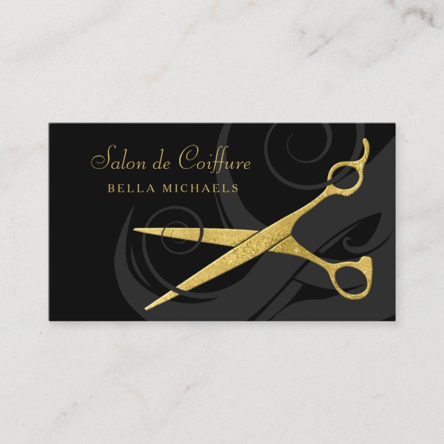 Elegant Black Curls Faux Gold Scissors Hair Salon Appointment Card (Front)