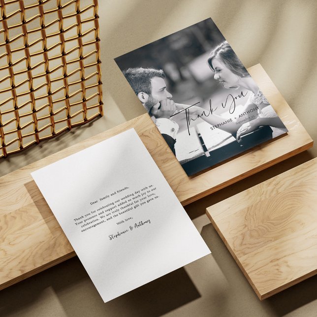 Elegant Black Cursive Photo Wedding Thank You Card (Elegant Black Cursive Photo Personalized Wedding Thank You Card)
