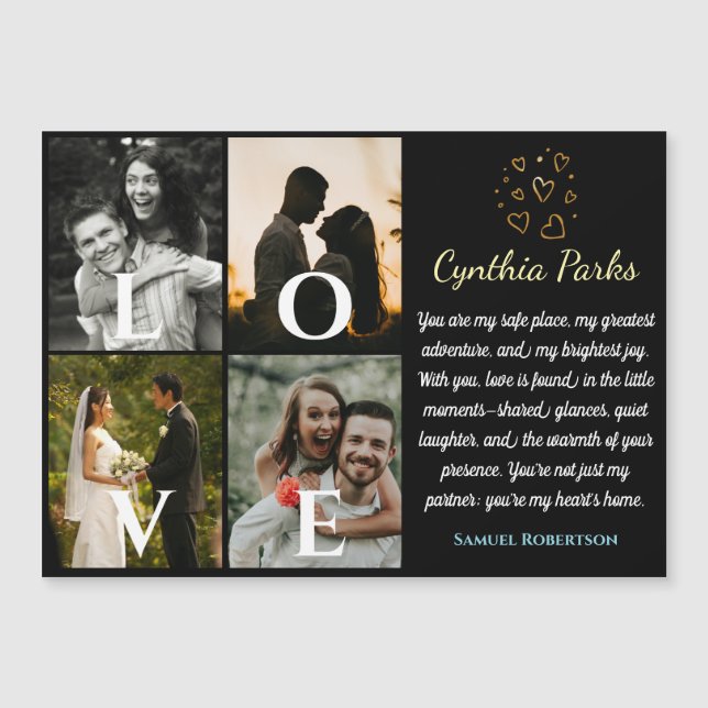 Elegant Black Custom 4 Photos For Couples Wedding Magnetic Invitation (Front)