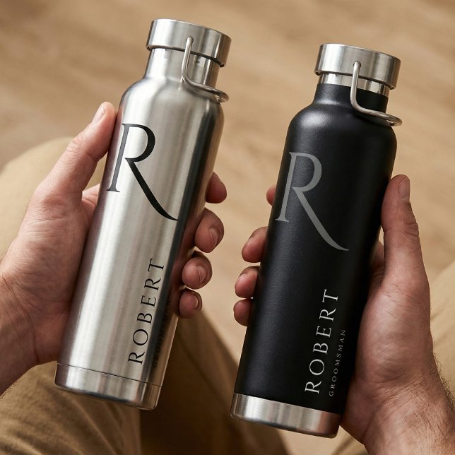 Elegant Black Custom Name & Monogram Water Bottle (Creator Uploaded)