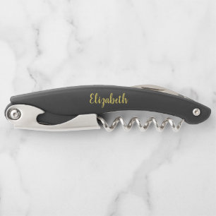Elegant Black Custom Typography Gold Text Name Corkscrew