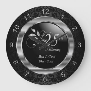 Elegant Black Damask - 25th Silver Anniversary Large Clock