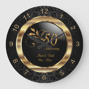 Elegant Black Damask - 50th Golden Anniversary Large Clock