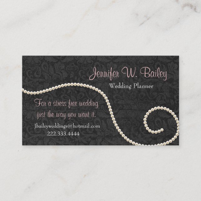 Elegant Black Damask and Pearls Business Card (Front)