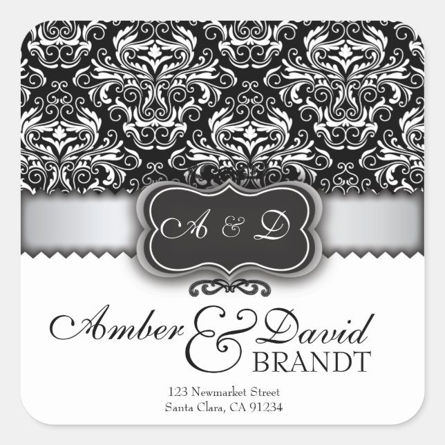 Elegant Black Damask and Silver wedding labels (Front)