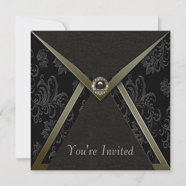 Elegant Black Damask Black and Gold Party Invitation (Front)