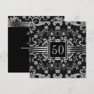 Elegant Black Damask Brocade Silver Birthday Party Invitation