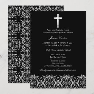 Elegant Black Damask & Cross Baptism/Christening Invitation