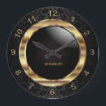 Elegant Black Damask Design Large Clock<br><div class="desc">Decorative Clock in a black damask background with faux gold metal accents. 📌If you need further customisation, please click the "Click to Customise further" or "Customise or Edit Design" button and use our design tool to resize, rotate, change text colour, add text and so much more. ⭐This Product is 100%...</div>