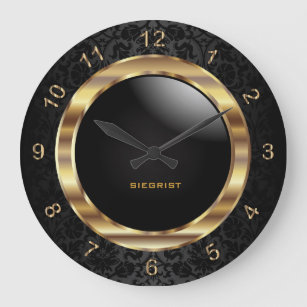 Elegant Black Damask Design Large Clock