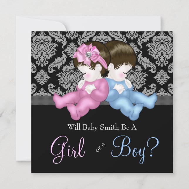 Elegant Black Damask Gender Reveal Shower Invitation (Front)