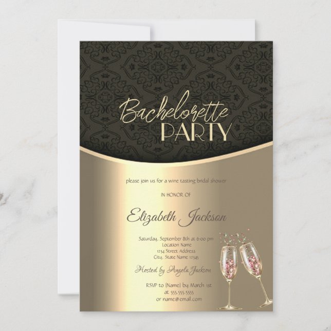 Elegant Black Damask Gold Bachelorette  Invitation (Front)