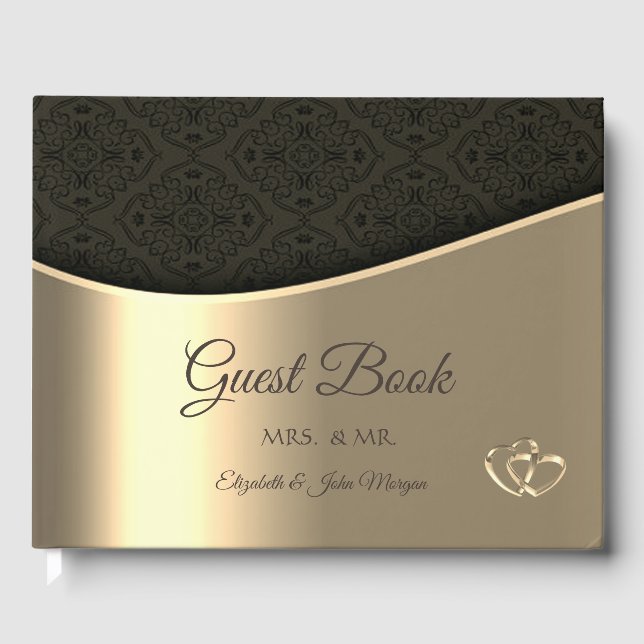 Elegant Black Damask Gold Wedding Guest Book (Front)