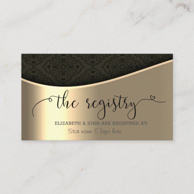 Elegant Black Damask Gold  Wedding Registry Enclosure Card (Front)