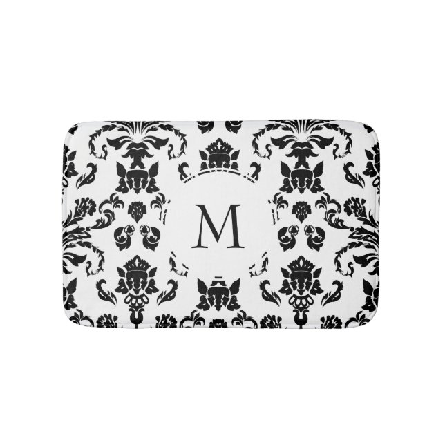 Elegant Black Damask Monogram Bath Mat (Front)