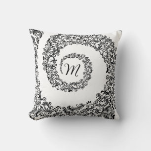 Elegant Black Damask Monogram Cushion