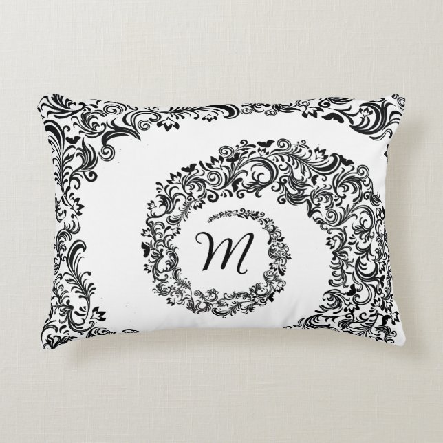 Elegant Black Damask Monogram Decorative Cushion (Front)