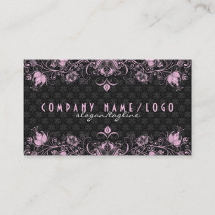 Elegant Black Damask & Pastel Pink Floral Swirls 2 Business Card