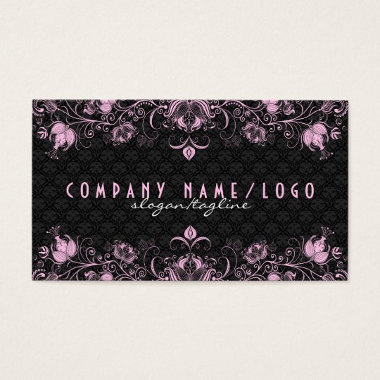 Elegant Black Damask & Pastel Pink Floral Swirls 2 Business Card