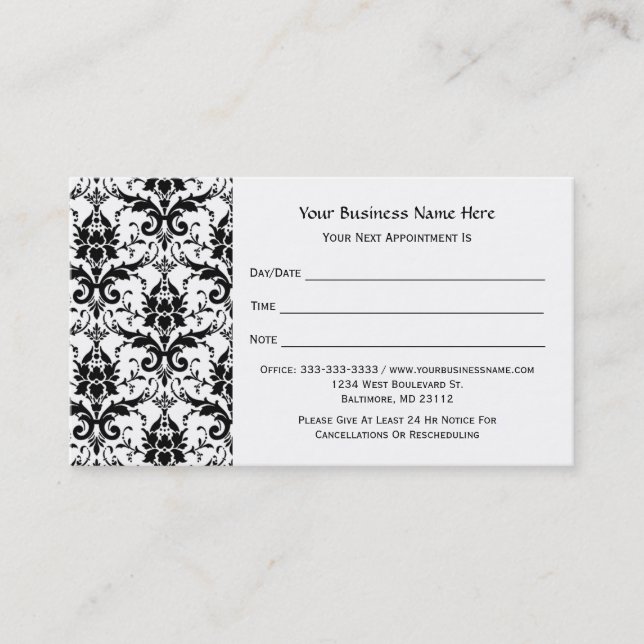 Elegant Black Damask Pattern Salon Appointment Card (Front)