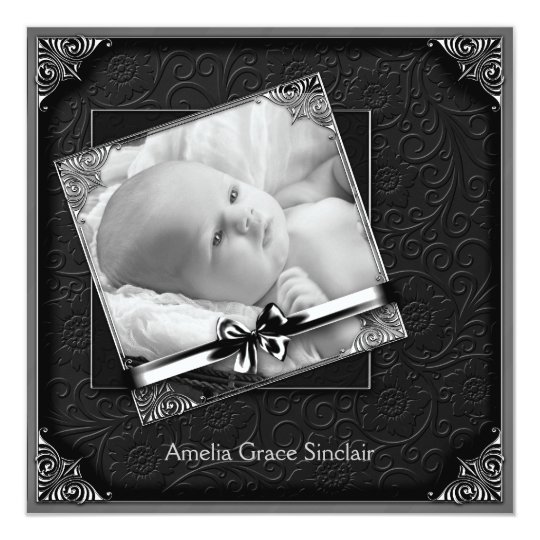 Elegant Black Damask Photo Birth Announcement