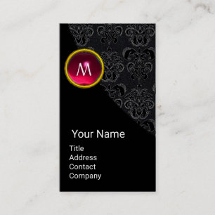 ELEGANT BLACK DAMASK PINK RUBY GEMSTONE MONOGRAM BUSINESS CARD