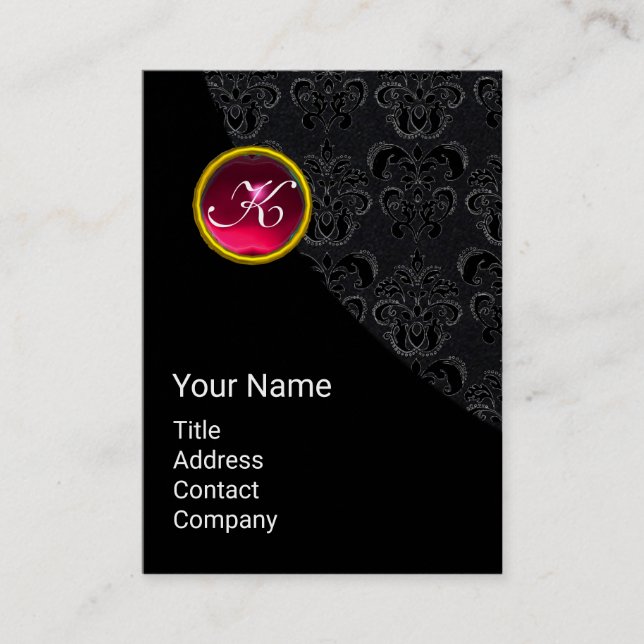 ELEGANT BLACK DAMASK PINK RUBY GEMSTONE MONOGRAM BUSINESS CARD (Front)