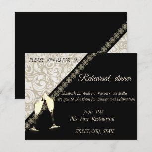 Elegant Black,Damask Weddi Rehearsal Dinner Invitation