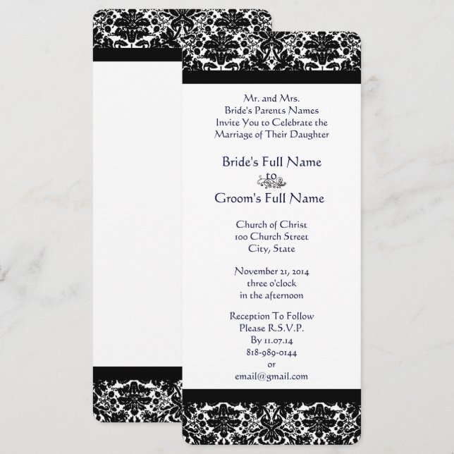 Elegant Black Damask Wedding Invitation (Front/Back)