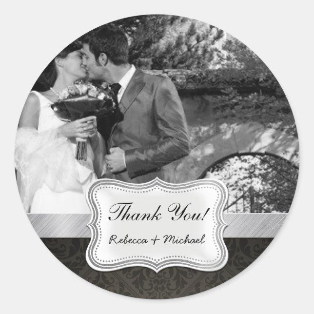 Elegant Black Damask Wedding Photo Thank You Classic Round Sticker (Front)