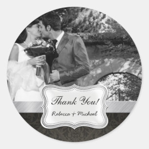 Elegant Black Damask Wedding Photo Thank You Classic Round Sticker