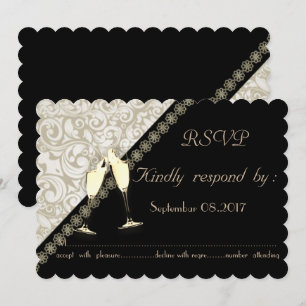 Elegant Black,Damask Wedding  RSVP Card