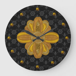 Elegant Black Damask with Gold Wall Clock