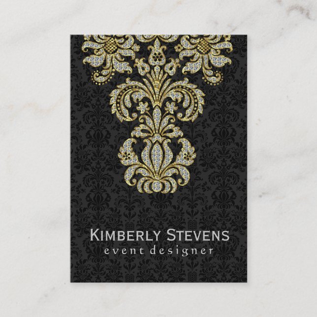 Elegant Black Damasks And Diamonds Glitter Business Card (Front)