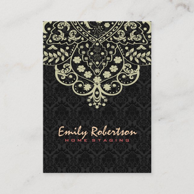 Elegant Black Damasks Beige Vintage Lace Business Card (Front)