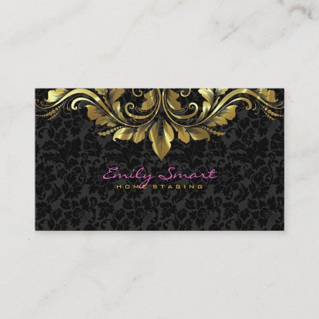 Elegant Black Damasks Gold Floral Lace 2 Business Card (Front)
