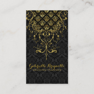 Elegant Black Damasks & Gold Floral Lace Frame Business Card
