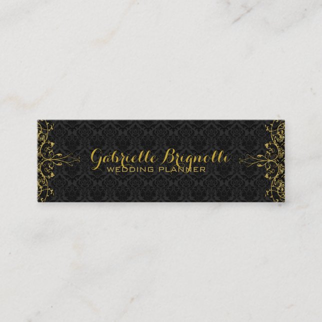 Elegant Black Damasks & Gold Floral Lace Frame Mini Business Card (Front)