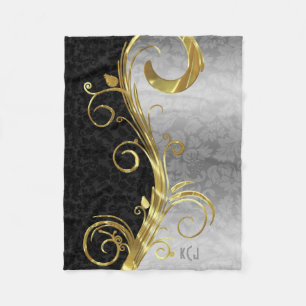 Elegant Black Damasks Gold & Silver Swirls Fleece Blanket