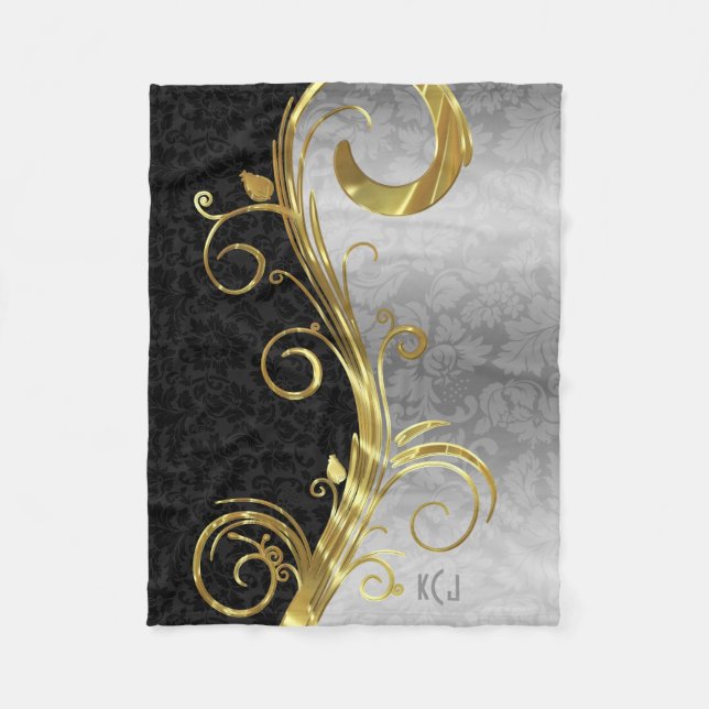 Elegant Black Damasks Gold & Silver Swirls Fleece Blanket (Front)