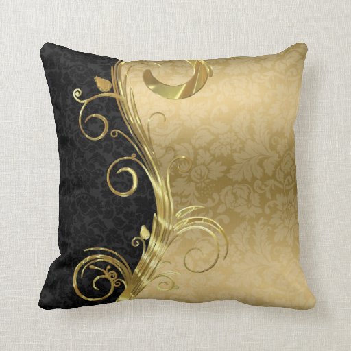 Image of Elegant Black Damasks Gold Swirls Cushion
