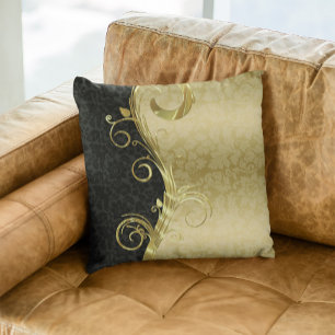 Elegant Black Damasks Gold Swirls Cushion